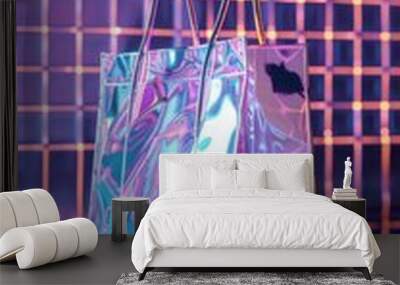 Holographic shopping bag with reflective surface, modern fashion concept Wall mural