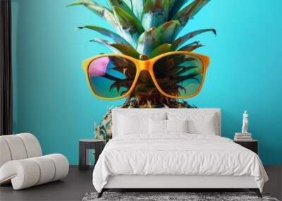 Pineapple with sunglasses against a blue background Wall mural