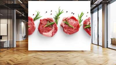 Raw beef steaks with rosemary and peppercorns on white background Wall mural