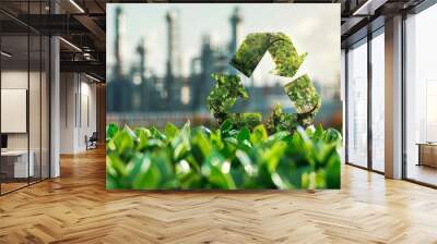 Recycling symbol in nature with industrial background, concept of sustainable industry Wall mural