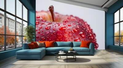 Red apple with water droplets on a white background, macro shot. Freshness and healthy eating concept Wall mural