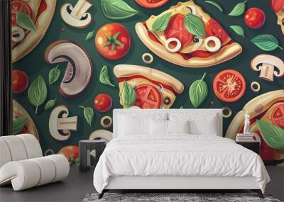 Seamless pattern of pizza slices, tomatoes, mushrooms, and basil leaves Wall mural