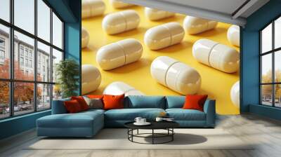 White capsules on a yellow background, close-up view. Medical and pharmaceutical concept Wall mural