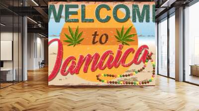 Welcome to Jamaica metal sign with rasta  skull,drum, guitar,marijuana, palm tree. Wall mural