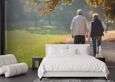 Senior citizen couple taking a walk in a park during autumn morning. Wall mural