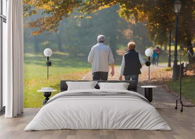 Senior citizen couple taking a walk in a park during autumn morning. Wall mural