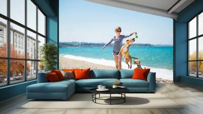 Beautiful girl in a blue blouse and shorts playing with dogs on the beach Wall mural