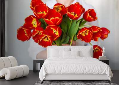 
Large beautiful bouquet of red tulips in the hands of a girl in a white shirt Wall mural