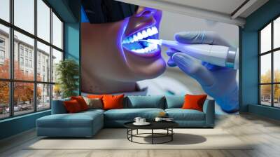 A cosmetic dentist performing teeth whitening procedures, highlighting smile enhancement techniques. Woman having teeth whitened by dentist with purple fluid and safety gloves Wall mural