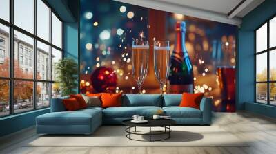 A festive beverage commercial featuring champagne bottles popping and glasses clinking at a New Year’s party. There is a bottle of champagne along with two glasses on the table Wall mural