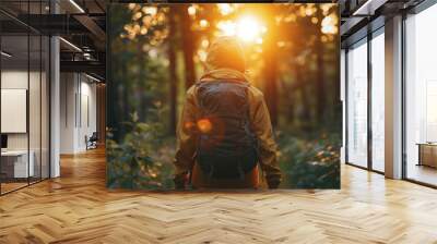 A person participating in a therapeutic nature walk to connect with the healing power of the outdoors. A person with a backpack is walking through a forest at sunset Wall mural