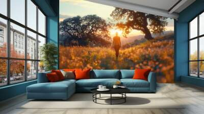 A person practicing mindfulness while enjoying a nature walk. A person walks through a field of flowers as the sun sets Wall mural