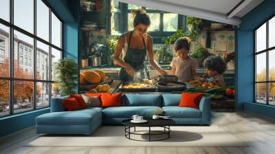 A single parent preparing dinner with their children in a cozy kitchen, showcasing the bond and warmth of a nurturing family environment. A woman and two children sharing a kitchen, cooking food Wall mural