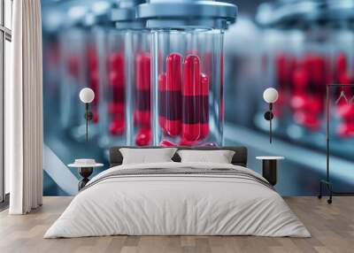 Biotech startup company designing personalized medicine.A conveyor belt carrying numerous glass containers filled with red capsules Wall mural