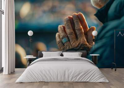 Close-up of a football fan's hands clasped together in prayer during a tense penalty shootout at Euro 2024. A man in an electric blue ring praying with folded hands Wall mural