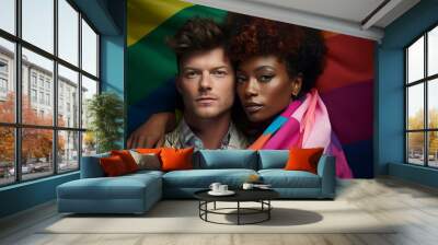 Couple of fit people belonging to LGBT+ community posing with rainbow flag. Fit brunette male and beautiful black woman with make up hug each other Wall mural