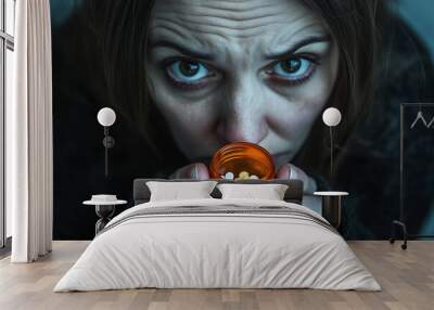 Individual with a sorrowful expression holding an empty pill bottle, indicating medication abuse. Wall mural