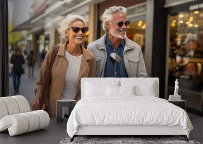 Older couple, full of joy and love, laughing and holding hands. Senior couple, husband and wife enjoy a vacation in the city center. Wall mural