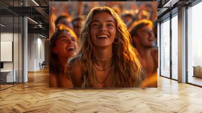 Spectators cheering enthusiastically in the stands as they watch a thrilling event .a woman is laughing in front of a crowd of people at a music festival Wall mural