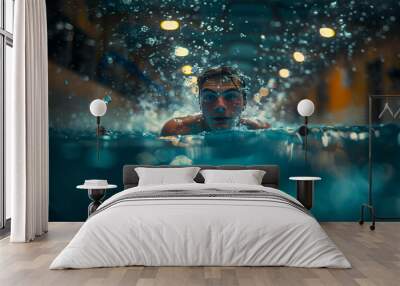 Swimmer diving off the starting block, streamlined and focused .a man is swimming in a swimming pool at night Wall mural