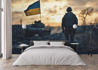 Ukrainian conflict regions, dynamic battlefronts.A soldier is standing proudly in front of a tank and a flag Wall mural