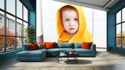 1 year cute baby in orange towel after bath Wall mural