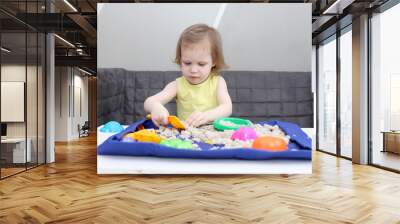 Little 2 years girl plays kinetic sand at home Wall mural