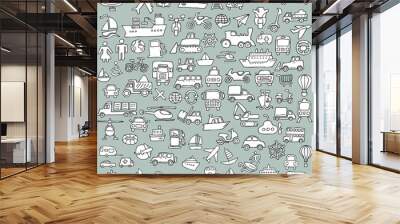 Big doodled transportation icons collection in black-and-white Wall mural