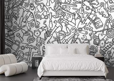 Tools seamless pattern in black and white Wall mural