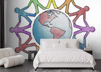 Hand drawn Earth with cutout people holding hands. Wall mural