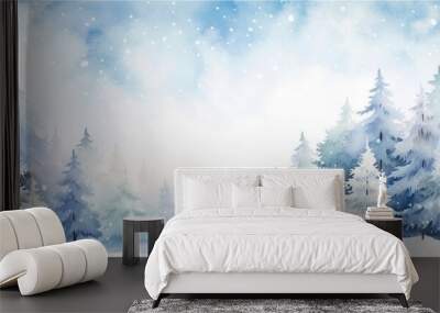 Watercolor snow-covered landscape in the daytime, mountain landscape with a pine forest and snow for winter background. Wall mural