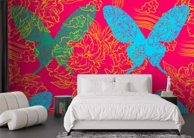 Youth bright seamless pattern with flowers and butterflies. Wall mural