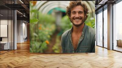 a man smiling while standing near rows of vegetables, in the style of eco-architecture Wall mural