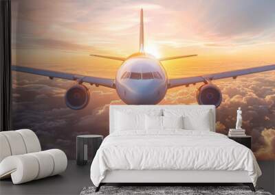 Aerial View of Airplane Wing and Engines During Sunset Flight Wall mural