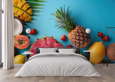 Colorful Tropical Fruits with Palm Leaves on Blue Background Wall mural