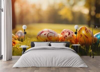 Decorated easter eggs in green grass on a sunset sky background. Wall mural