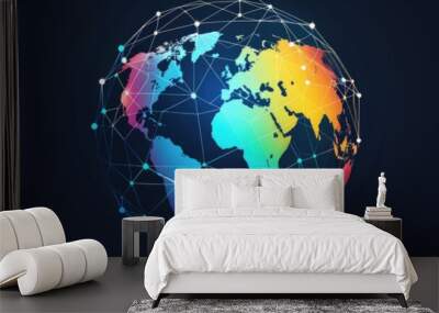 Digital Network Mesh Covering Earth on Dark Background Wall mural