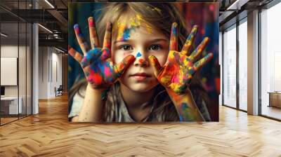 closeup of child painting with hands, art class Wall mural