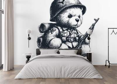 Teddy Bear wearing army Uniform. Black white vector logo illustration.	
 Wall mural