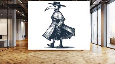 The Plague Doctor with mask. Black white vector illustration. Wall mural