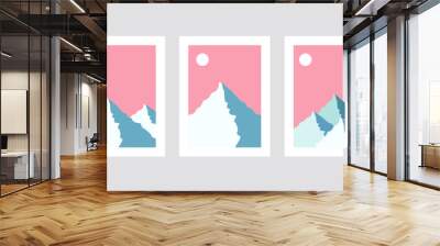 Wall art creative design. Set of minimalist hand painted illustrations of Mid century modern. Natural abstract landscape background. Mountain, forest, sky, and sun illustration. Wall mural