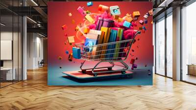 3D illustration of a shopping cart filled with groceries, symbolizing retail, commerce, and consumerism. Ideal for e-commerce, shopping, and business themes Wall mural