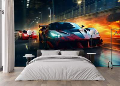 A sports car speeding through the city with vibrant light trails, creating a dynamic and energetic urban atmosphere, perfect for automotive and nightlife themes Wall mural