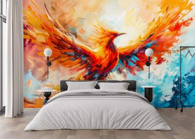 abstract painting of a burning phoenix bird flying in a blue sky full of clouds. abstract background. Phoenix fire wallpaper Wall mural