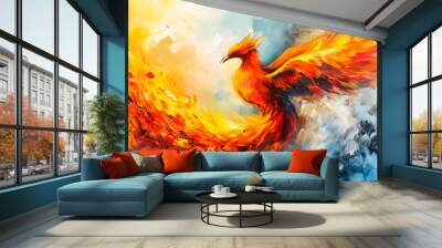 abstract painting of a burning phoenix bird flying in a blue sky full of clouds. abstract background. Phoenix fire wallpaper Wall mural