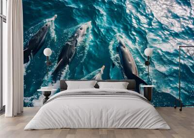 Aerial view Group of dolphins swimming in the ocean with crashing waves, symbolizing the beauty of marine life. Protect animals and the ocean environment. Background marine life Wall mural