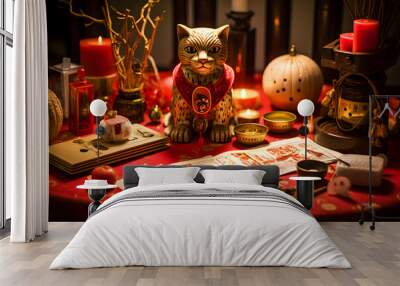 Cat figurine on a table with Chinese New Year decorations, featuring red and gold ornaments, symbolizing luck and prosperity in a festive setting Wall mural