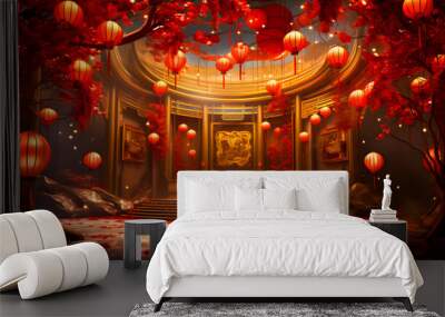 Traditional Chinese building decorated with red lanterns for the Lunar New Year celebration, creating a festive and cultural atmosphere. Perfect for Chinese New Year and festive designs Wall mural