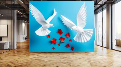 Two white doves flying on blue background with copy space. Love and peace concept Wall mural