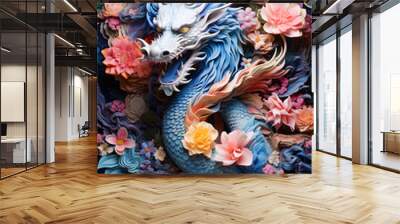 Water dragon decoration with surrounding flowers for Chinese New Year, symbolizing luck and prosperity in the Year of the Water Dragon. Perfect for festive and cultural themes Wall mural